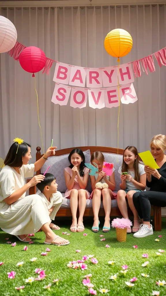 A group of children and adults enjoying a fairy garden baby shower, with colorful decorations and crafting materials.