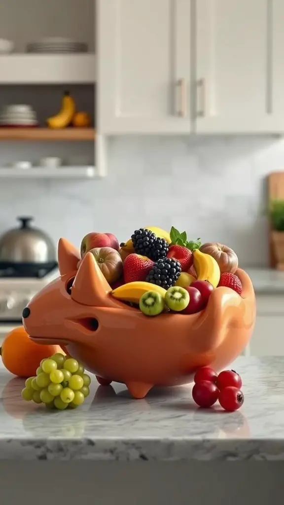 27 Whimsical Kitchen Ideas to Transform Your Cooking Space 9 A whimsical orange fruit bowl shaped like an animal, filled with various fruits on a kitchen countertop.