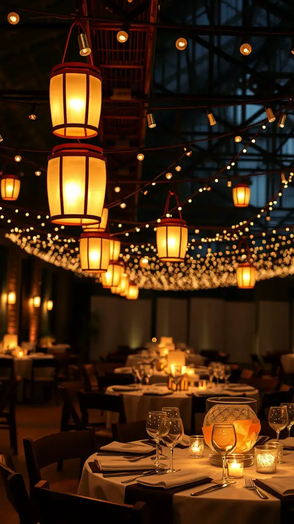 23 Stunning Banquet Decoration Ideas for Your Next Event 7 A beautifully decorated banquet hall featuring warm lanterns and string lights creating a cozy atmosphere.