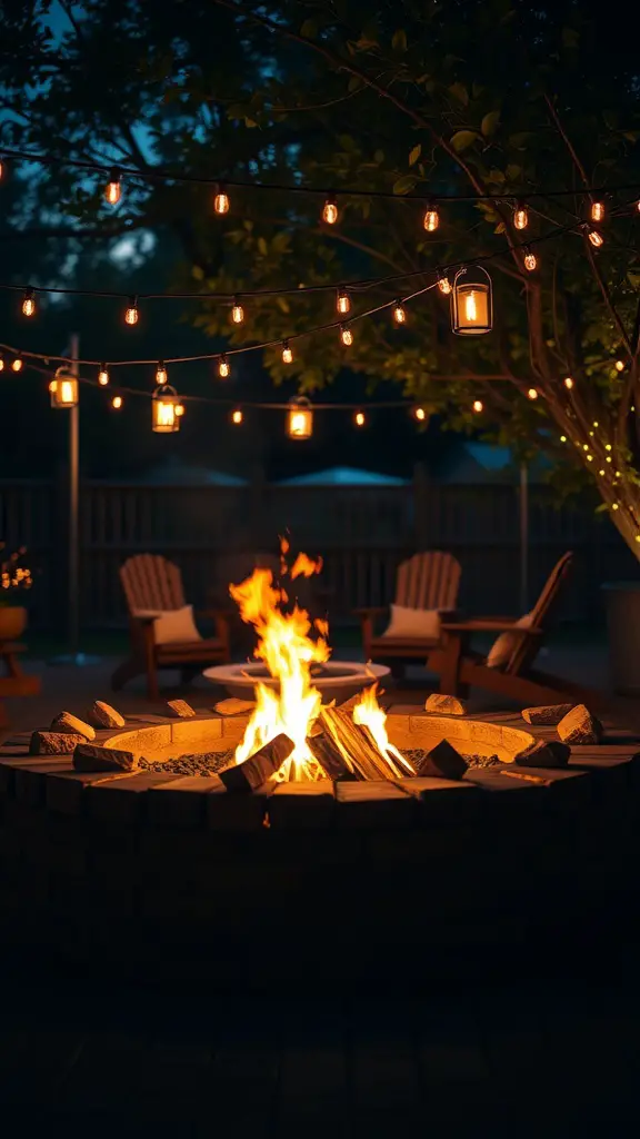 17 Stunning Outdoor Fire Pit Area Ideas for Cozy Gatherings 8 Cozy fire pit area illuminated with string lights and lanterns.