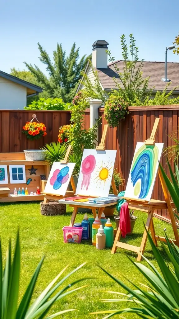 13 Creative Yard Ideas for Kids to Explore and Enjoy 6 A sunny backyard with easels, colorful paints, and completed artwork on display.