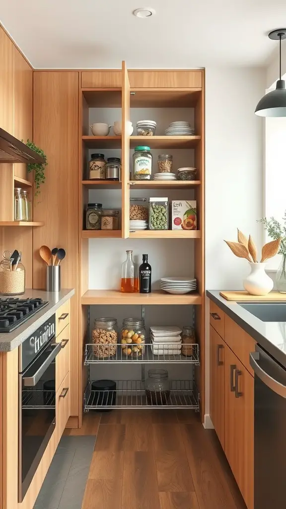 Modern wooden pantry with organized shelves and wire racks in a small kitchen