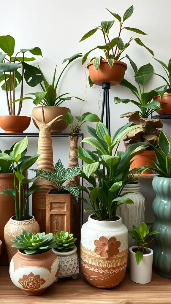 A collection of indoor plants in various creative containers including terracotta, ceramics, and modern designs.