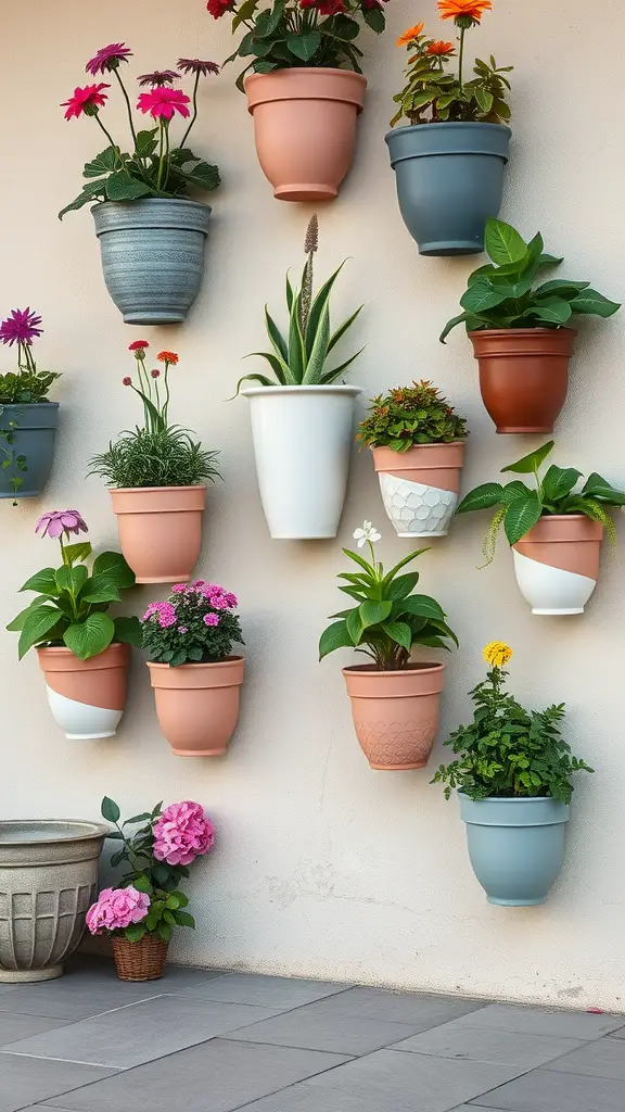 25 Stunning Floral Indoor Plant Wall Ideas for Your Home 5 A wall displaying various colorful planters filled with flowers and green plants.