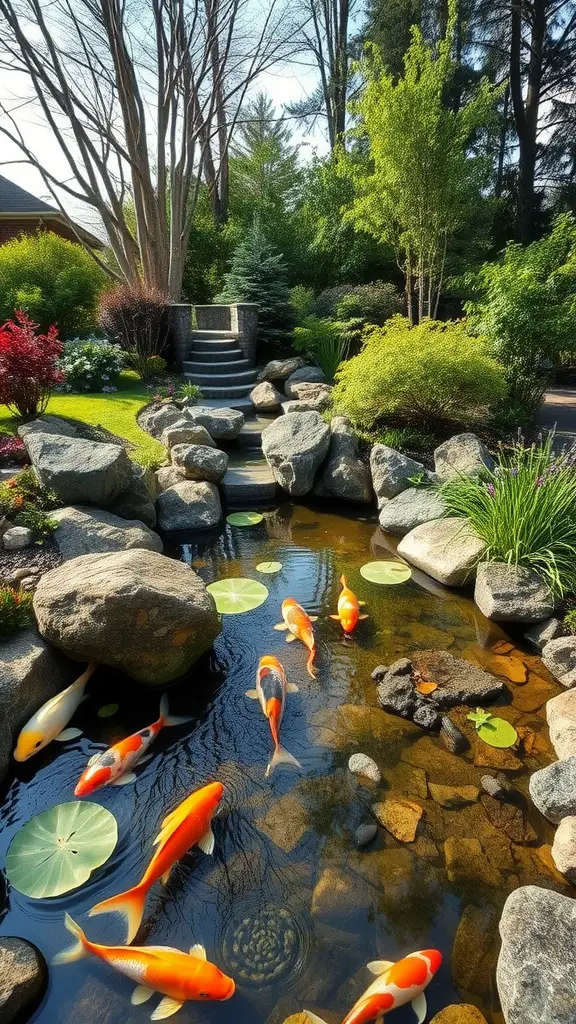 19 Stunning Koi Pond Ideas for Your Backyard Oasis 5 A serene koi pond surrounded by rocks and greenery, showcasing colorful koi fish and lily pads.