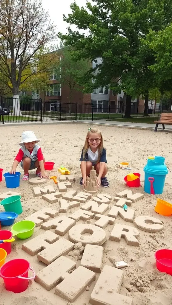 13 Creative Yard Ideas for Kids to Explore and Enjoy 11 Two children playing in a sandbox filled with colorful buckets and sand, creating letters and sand structures.