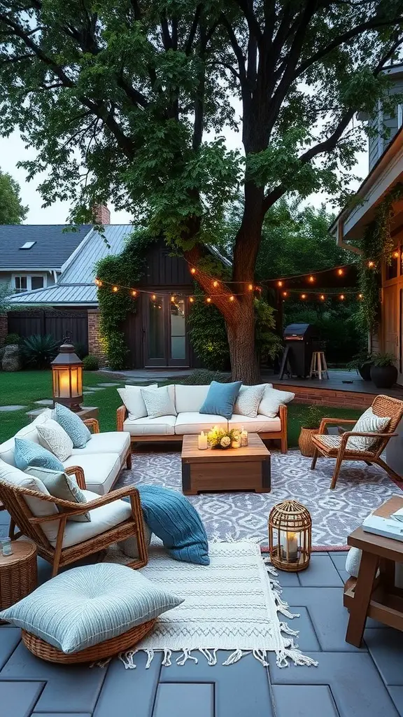 19 Creative Ideas for Epic Backyard Movie Nights 14 Cozy backyard seating arrangement for movie nights with a couch, chairs, pillows, and soft lighting.