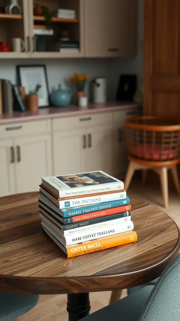 15 Stunning Round Kitchen Table Decor Ideas to Transform Your Space 4 A stack of colorful books on a round kitchen table, creating an inviting and cozy atmosphere.
