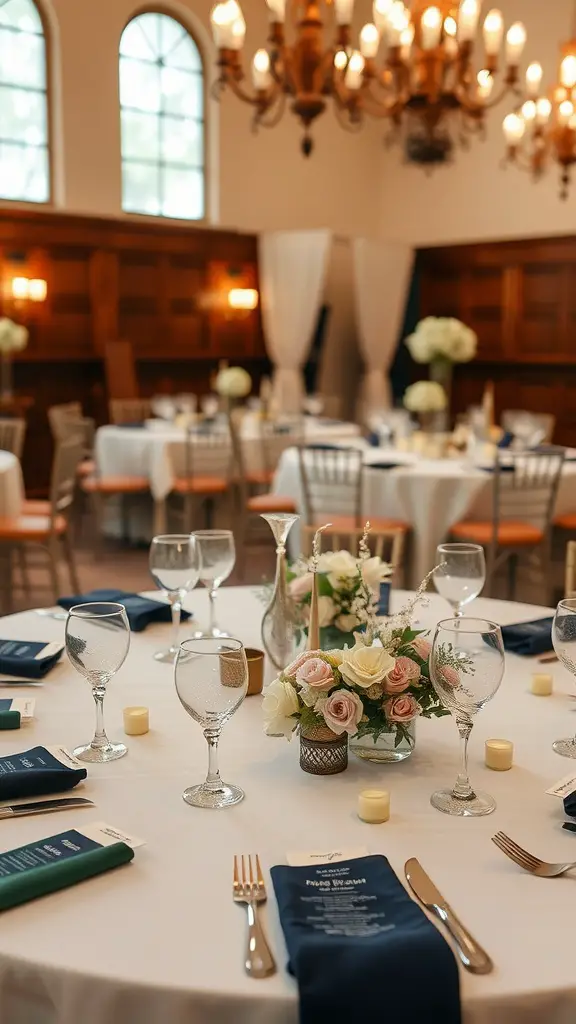 21 Stunning Indoor Wedding Ideas You've Got to See 12 Elegant indoor wedding table setting with floral arrangements and navy blue napkins.