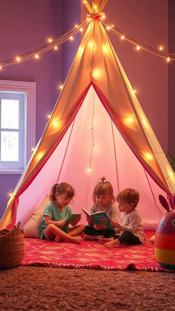 25 Adorable DIY Kids Playhouse Ideas for Endless Fun 3 Three children reading inside a brightly lit teepee tent with pillows and a colorful blanket.