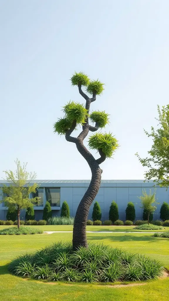 A creatively trimmed tree with a twisted trunk and lush green foliage, surrounded by a well-manicured lawn.