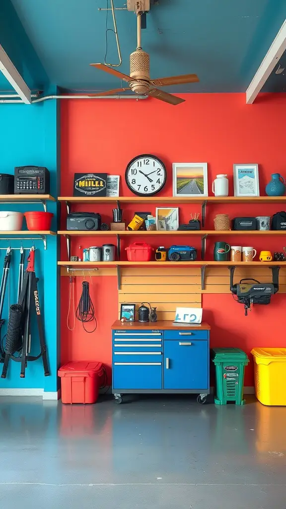A vibrant garage wall with red and blue colors, featuring shelves with colorful storage and tools.