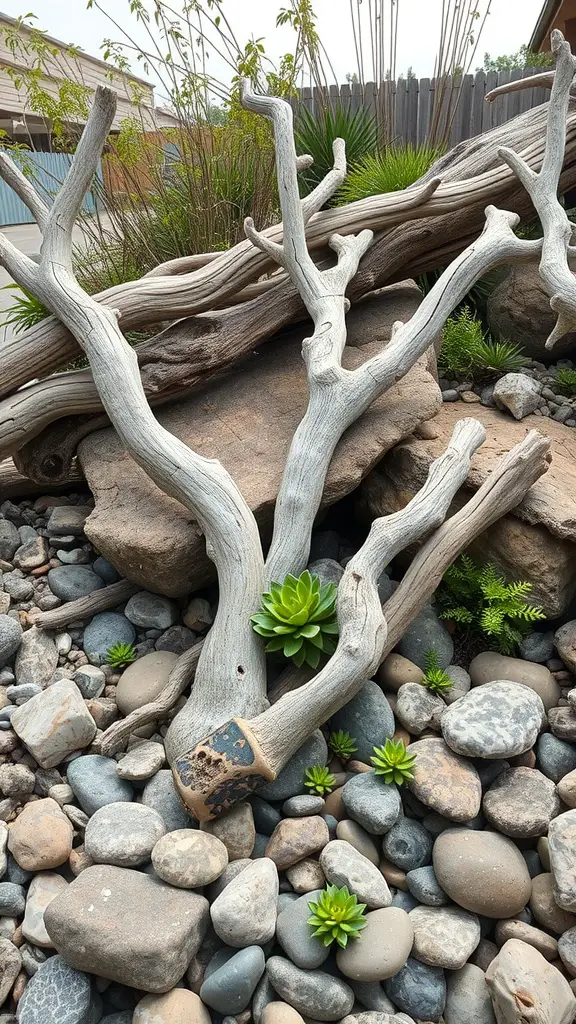19 Stunning Rock Garden Landscaping Ideas to Transform Your Outdoor Space 15 A rock garden featuring driftwood and succulents among smooth pebbles.