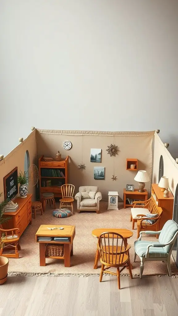 21 Creative Indoor Fort Ideas for Kids 11 An indoor fort made with furniture, featuring cozy seating and decorations.