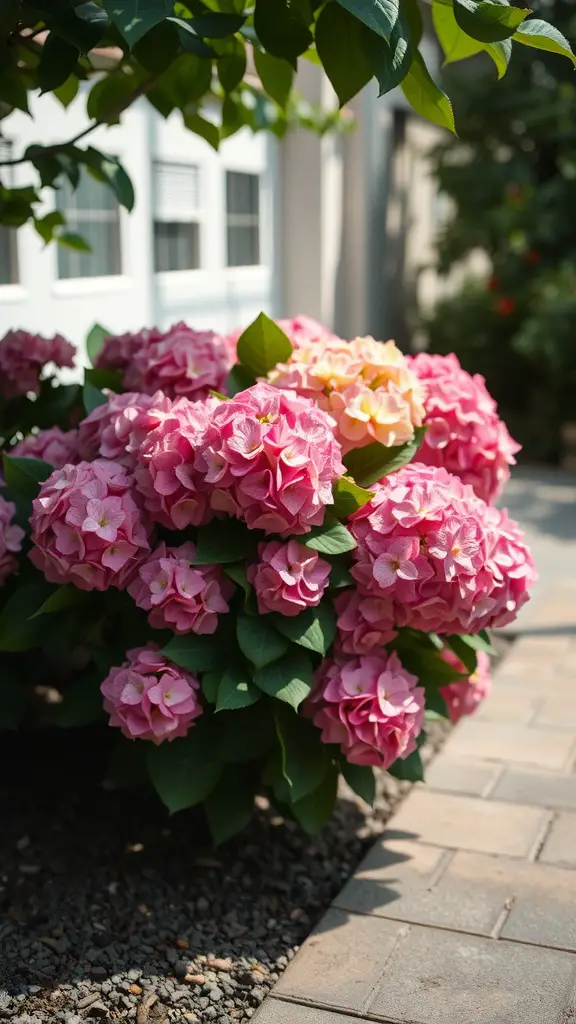 A cluster of pink and yellow hydrangeas near a pathway