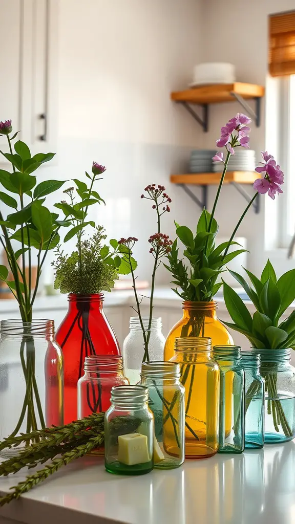 Colorful jars and vases with various plants and flowers on a kitchen counter.