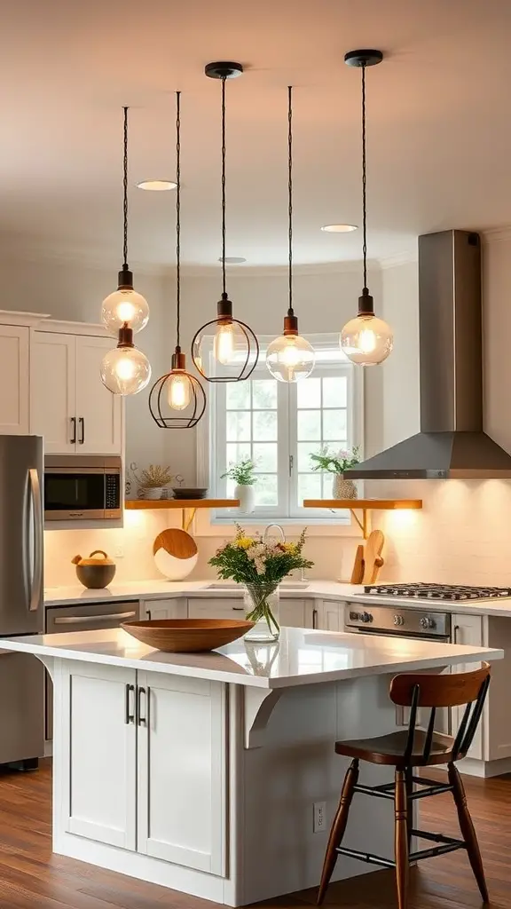 23 Stunning Open Kitchen Ideas for a Modern Home 5 A stylish kitchen with a cluster of pendant lights over the island, showcasing modern cabinetry and warm lighting.