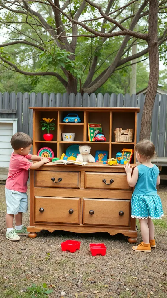 23 Creative Outdoor Toy Storage Ideas for a Clutter-Free Yard 13 Children organizing toys in an outdoor dresser storage unit.