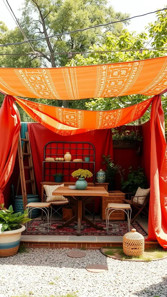 A backyard seating area with vibrant orange fabric creating shade, surrounded by plants and cozy furniture.