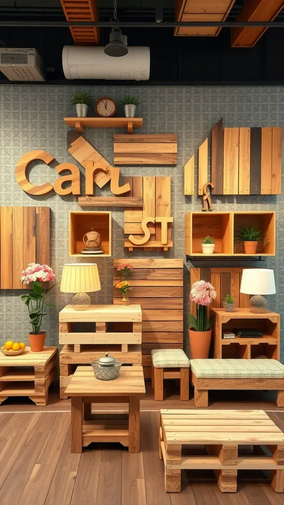 A creative display of wooden pallets used for decor in a farmhouse-style setting.