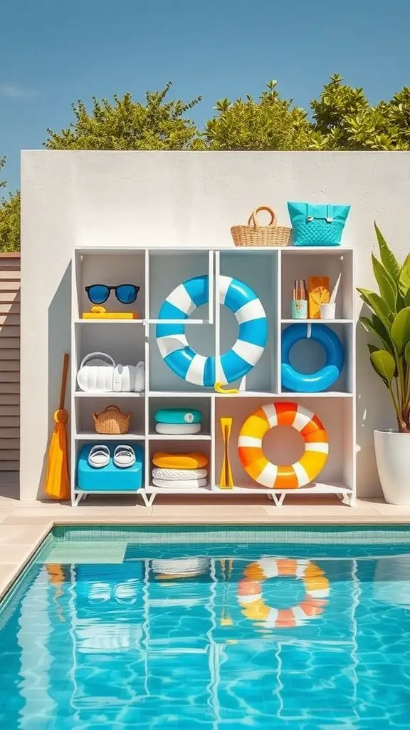 19 Creative Pool Float Storage Ideas You'll Love 2 Bright white shelving unit by the pool with colorful floats and accessories