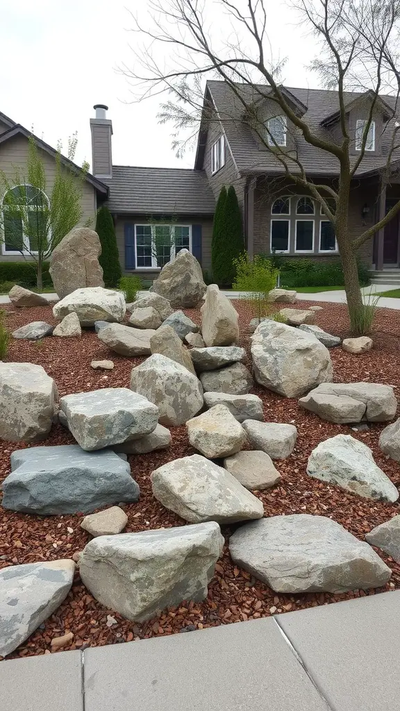 Landscape featuring a mix of large and small rocks around a house.