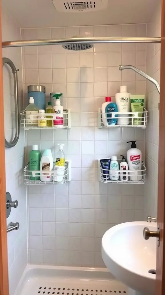 A shower with neatly arranged wire caddies holding various toiletries.