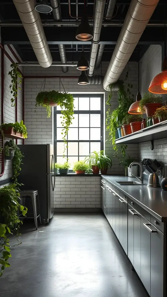 A modern industrial kitchen with vertical gardens featuring hanging plants and green herbs by the window.