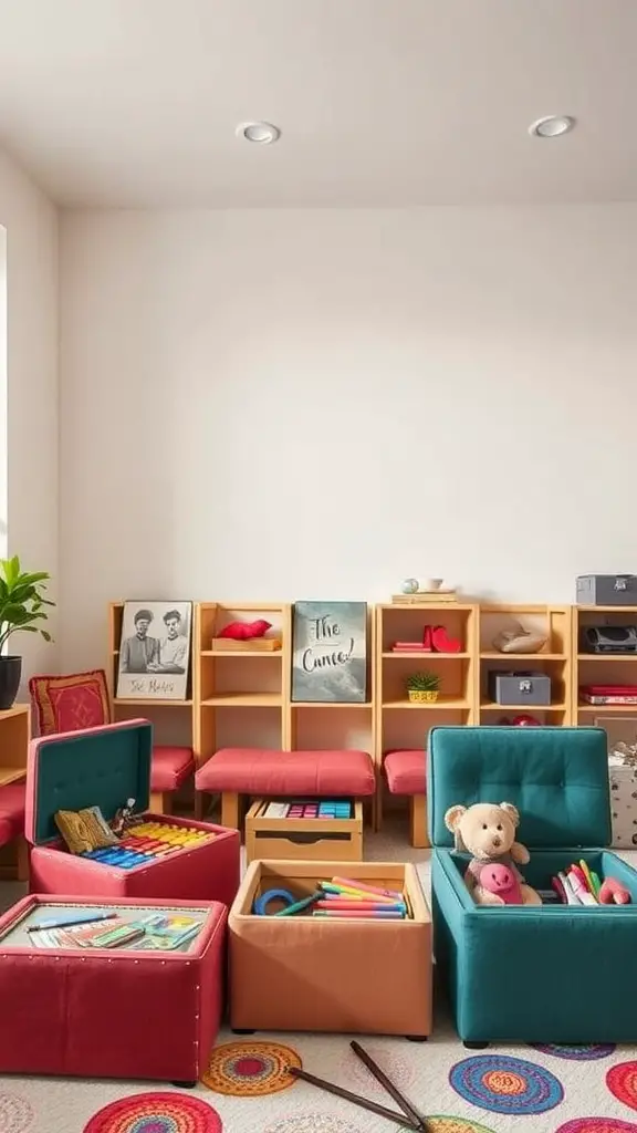 Colorful storage ottomans in a playroom, providing seating and toy storage.