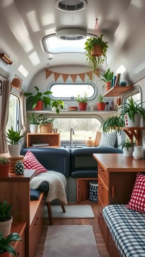 Interior of a small camper showcasing vertical space utilization with shelves, plants, and organized decor.