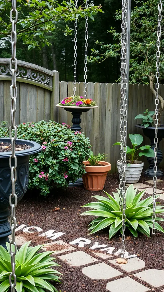 25 Creative Rain Chain Drainage Ideas for Your Home 12 A garden scene with rain chains hanging beside colorful flower planters and greenery.