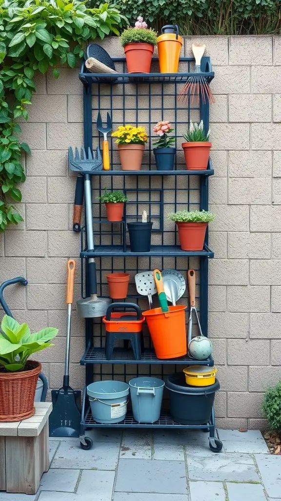 25 Clever Outdoor Storage Ideas to Maximize Space 8 A vertical storage rack filled with colorful pots and gardening tools in an outdoor space.