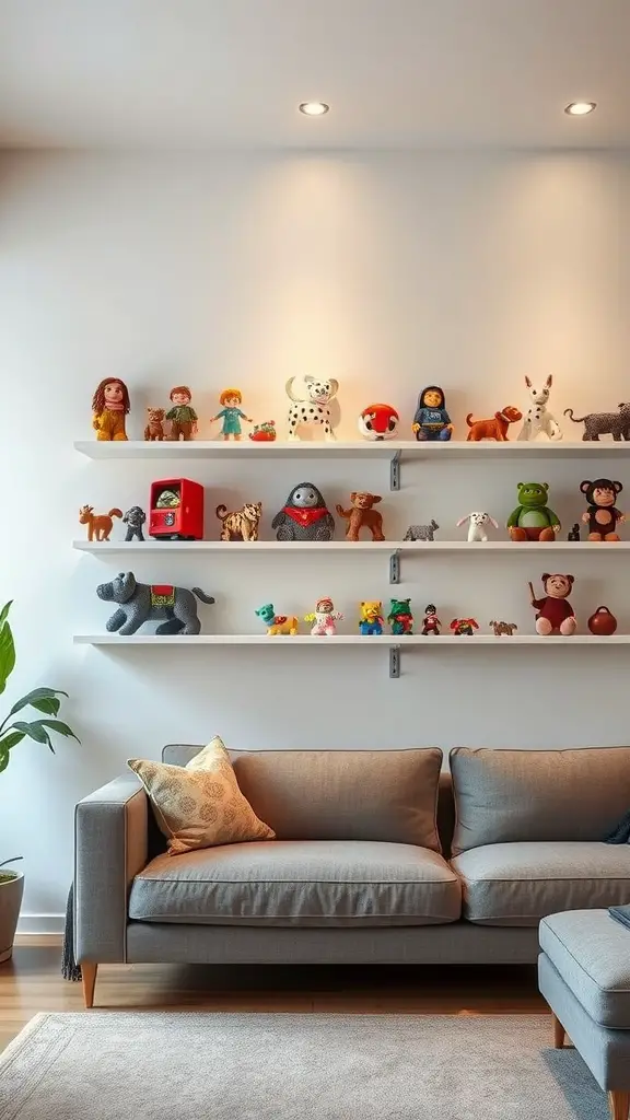 25 Creative Living Room Toy Storage Ideas for a Clutter-Free Space 7 Colorful wall-mounted shelves displaying various toys in a living room.