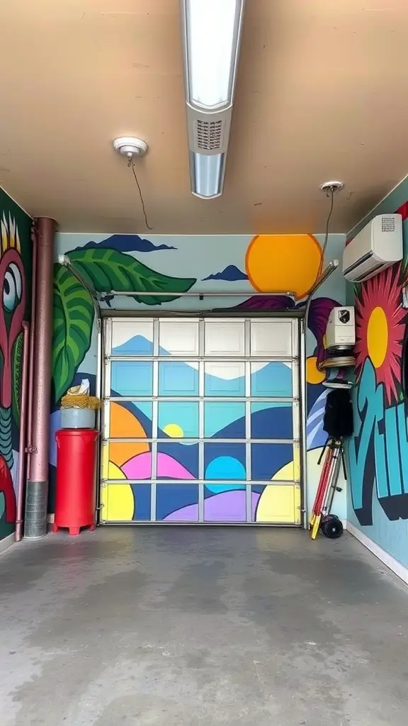 29 Creative Garage Interior Ideas You’ll Love 8 Colorful mural on garage walls featuring tropical elements and vibrant designs.