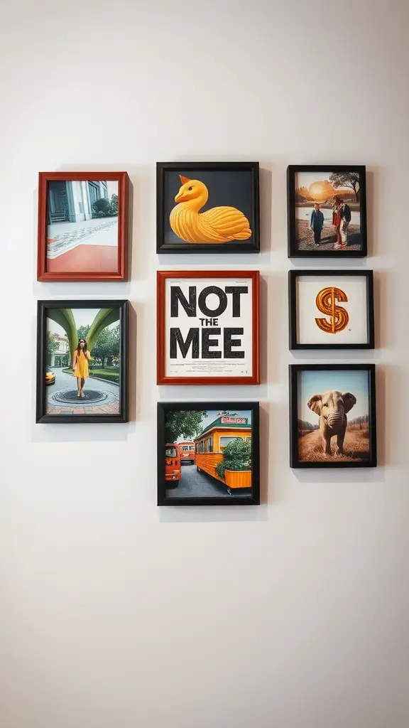 A creative wall art arrangement featuring various framed images and quotes.