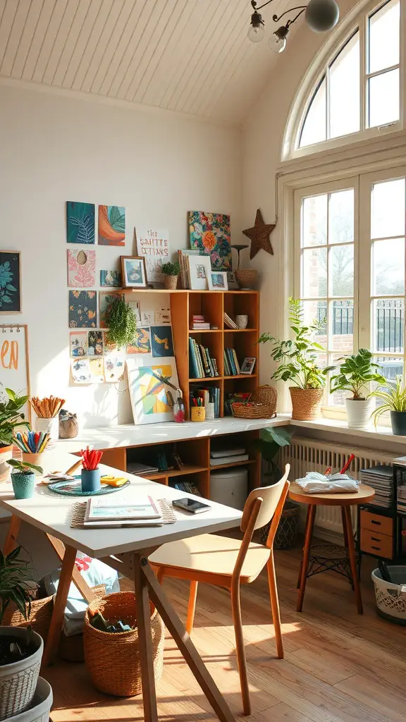 19 Stunning Indoor Sunroom Ideas You’ll Love 16 Bright indoor workspace with desk, plants, and colorful wall art