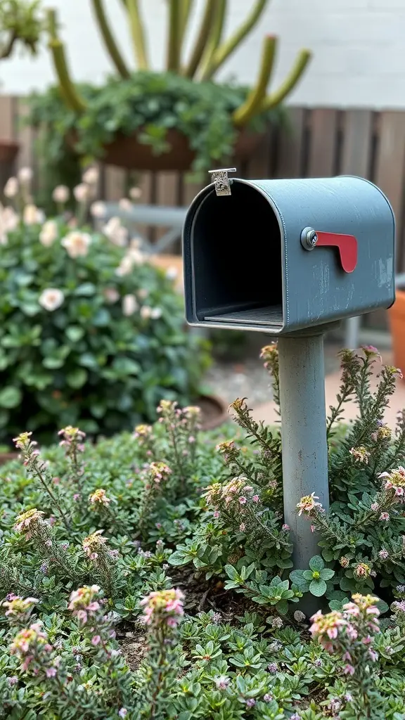 19 Stunning Mailbox Plants to Enhance Your Curb Appeal 13 A mailbox surrounded by blooming creeping thyme in a garden setting.