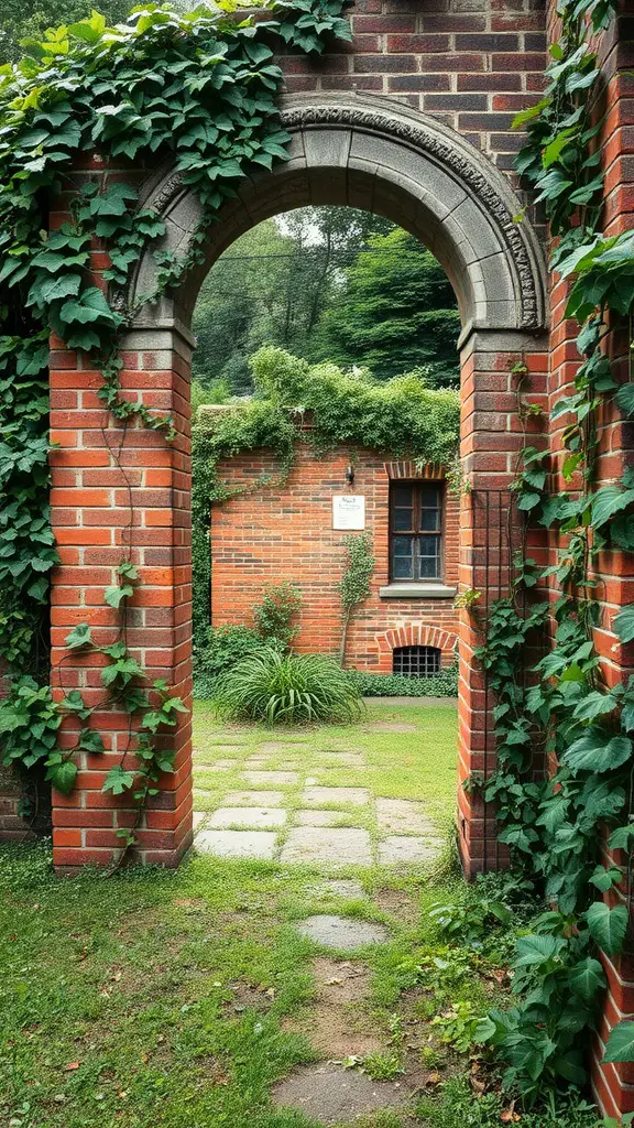 A stone archway covered with climbing vines, leading to a lush green garden.
