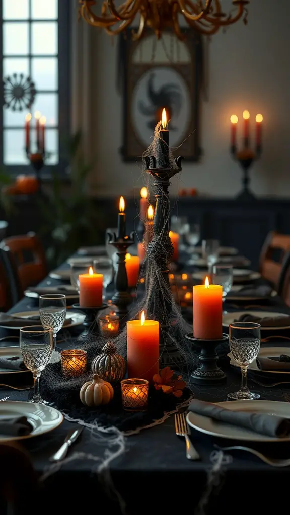 A beautifully arranged Halloween dining table with candles, pumpkins, and spider webs.