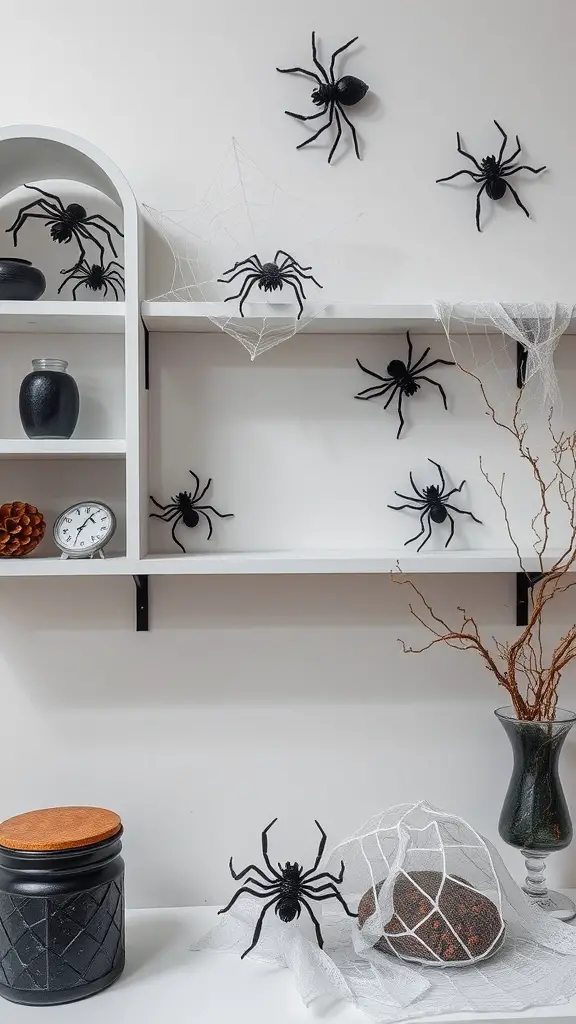 A stylish shelf with black plastic spiders and cobwebs, creating a spooky Halloween decor accent.