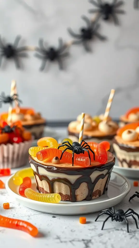 19 Creative Halloween Baby Shower Ideas to Spook Up Your Celebration 6 Mini cakes decorated with gummy worms and plastic spiders for Halloween.