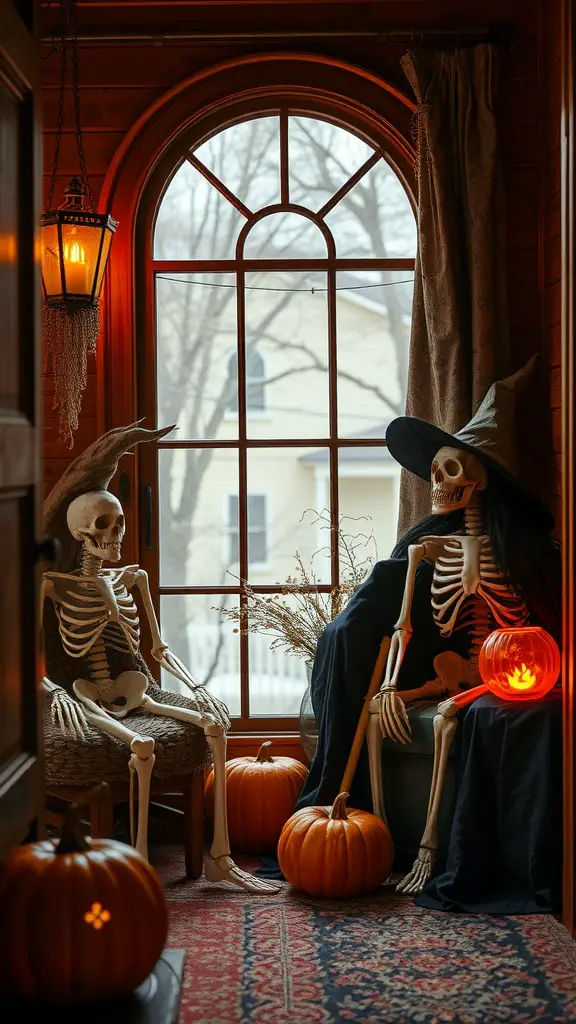 A cozy indoor nook decorated for Halloween with skeletons, pumpkins, and a glowing lantern.