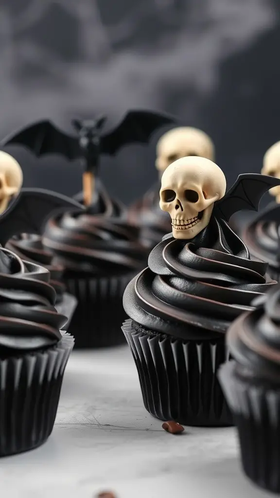21 Spooktacular Goth Baby Shower Ideas You’ll Love 10 Cupcakes with black frosting topped with skull and bat decorations