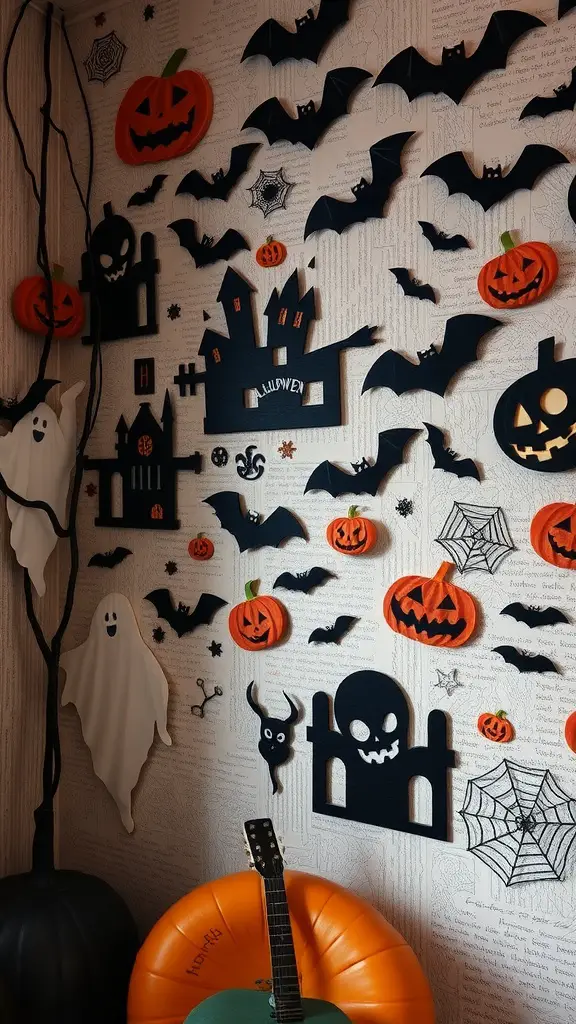 A wall decorated with Halloween art, featuring pumpkins, bats, ghosts, and spider webs.