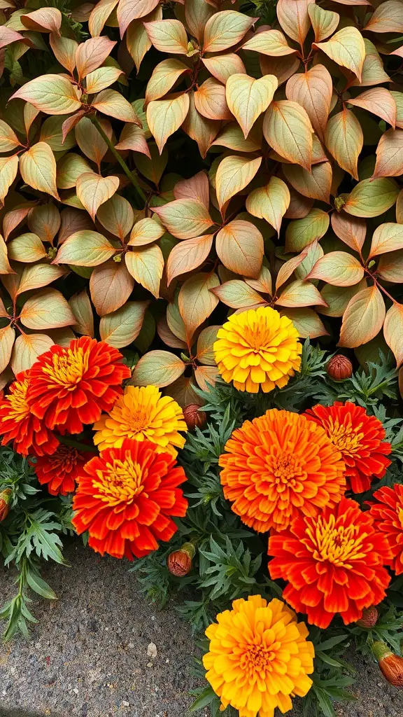 23 Stunning Fall Flower Garden Ideas to Transform Your Outdoor Space 2 A vibrant display of crimson and gold marigolds in front of soft, earthy leaves.