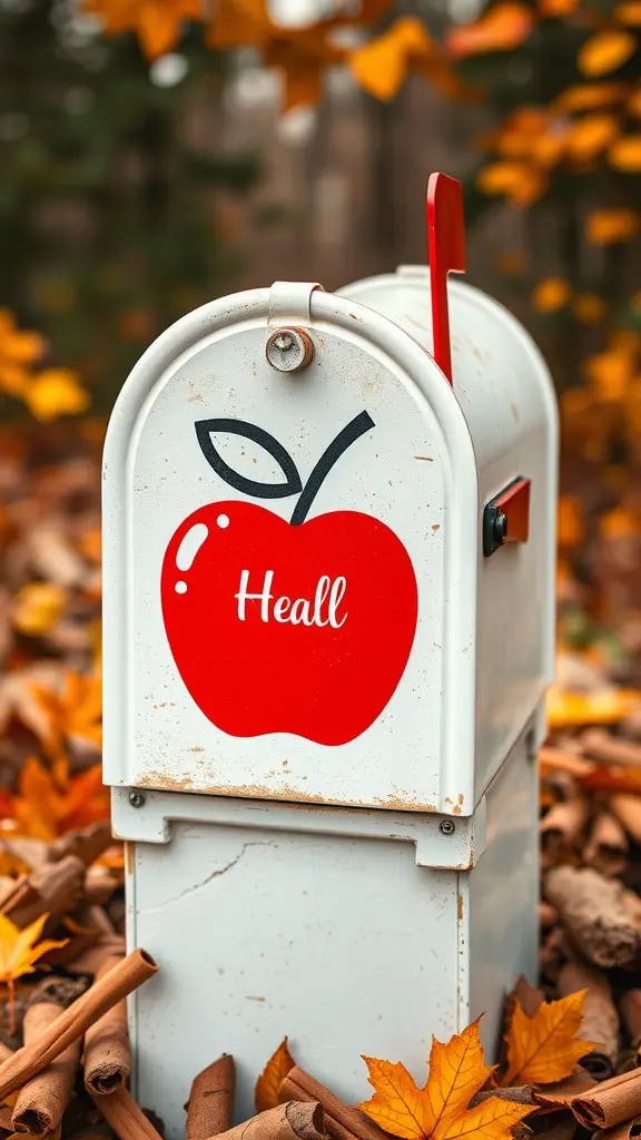 Mailbox with an apple design surrounded by autumn leaves