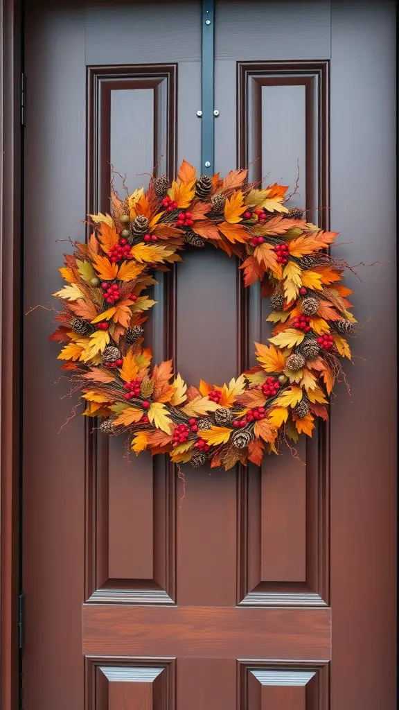 An autumn wreath with orange leaves, red berries, and pine cones hanging on a brown door.