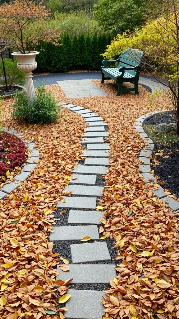 A winding garden path covered with autumn leaves and surrounded by greenery and a seating area.