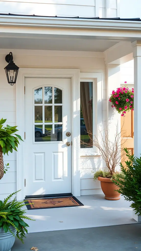 A fresh white front door on a house, surrounded by greenery and flowers.