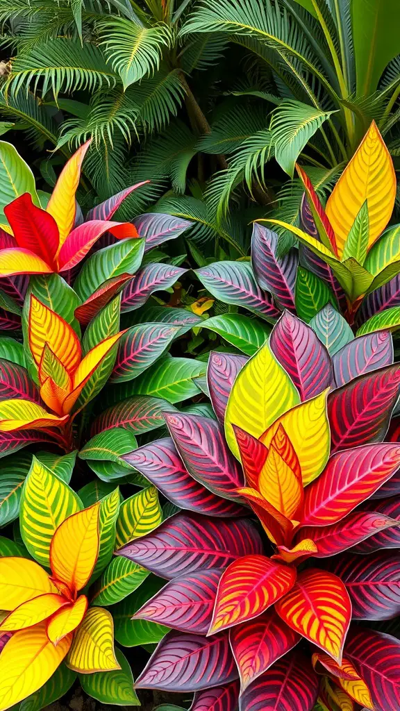 21 Stunning Tropical Garden Plants You Need to Grow 18 Colorful croton plants with vibrant leaves in shades of red, yellow, and green.